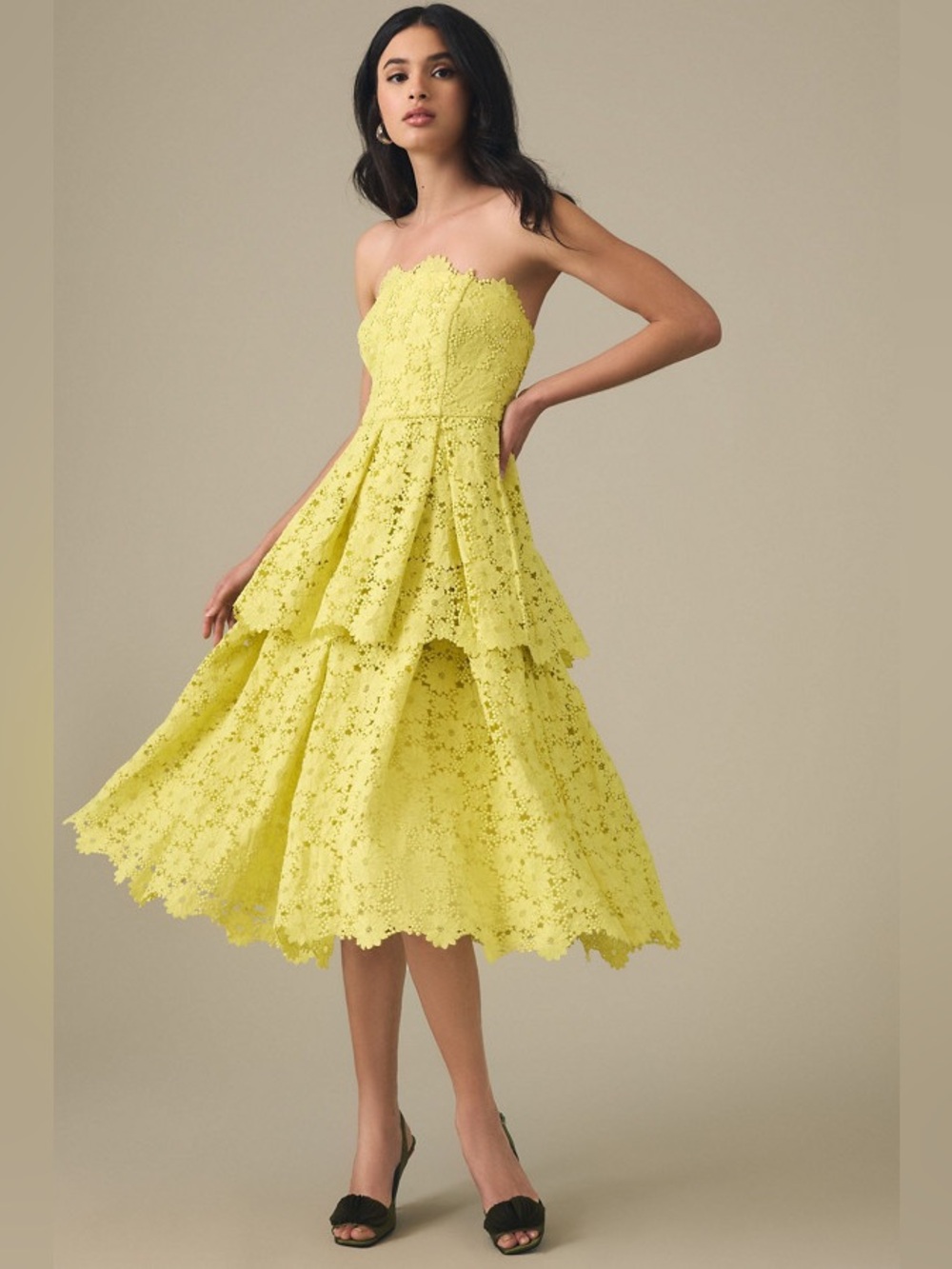 Anthropologie Maeve chartreuse eyelet tiered midi dress